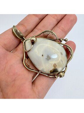 White Agate Leaf Scroll Design Pendant VTG Sterling Silver 925 Size 2.5" Length